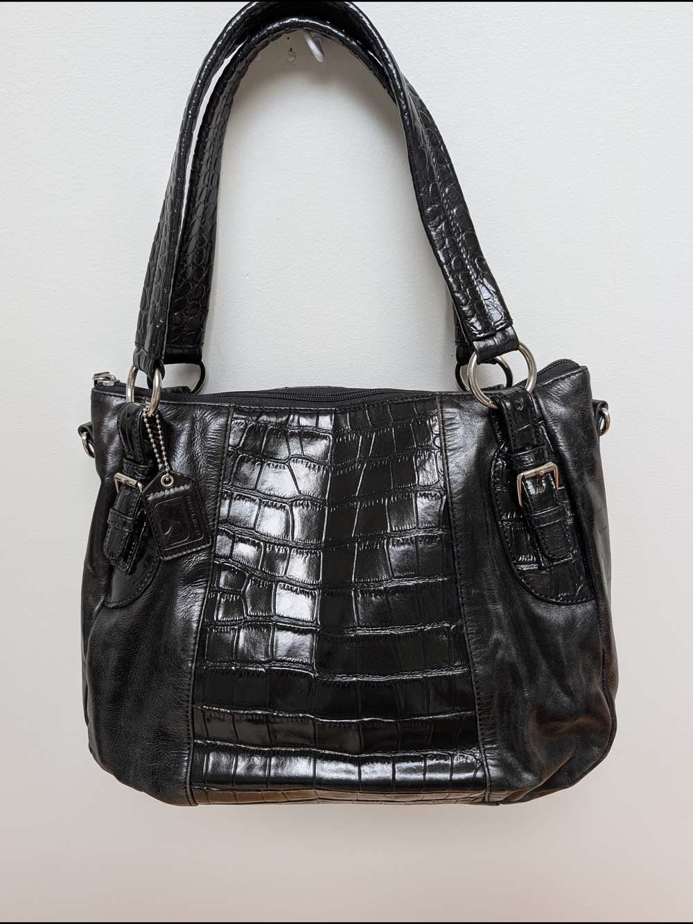 Soprano Black Leather Crocodile Embossed Shoulder Bag